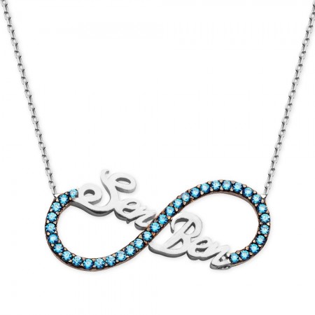 925 Ayar Gümüş Turkuaz Zirkon Taşlı Sonsuzluk Sen Ben Yazılı Kolye - Tesbihane