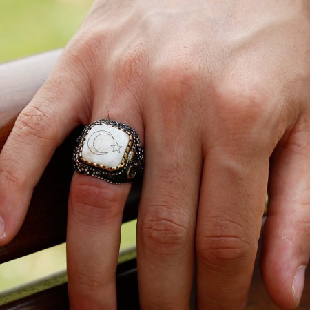 925 Ayar Gümüş Üzerine Ay Yıldız Yazılı Yüzük - Tesbihane