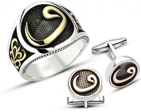 925 Ayar Gümüş Vav Harfli Yüzük - Kol Düğmesi Kombini - Tesbihane