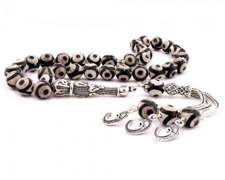 925 Ayar Gümüş Vav Püsküllü Göz İşlemeli Akik Tesbih - Tesbihane