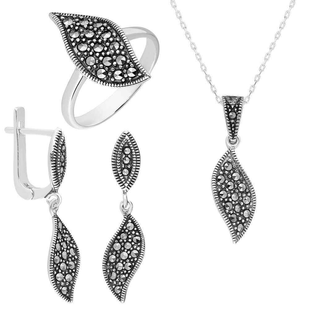 Zirkon Taşlı Yaprak Tasarım 925 Ayar Gümüş 3 lü Takı Seti - 3