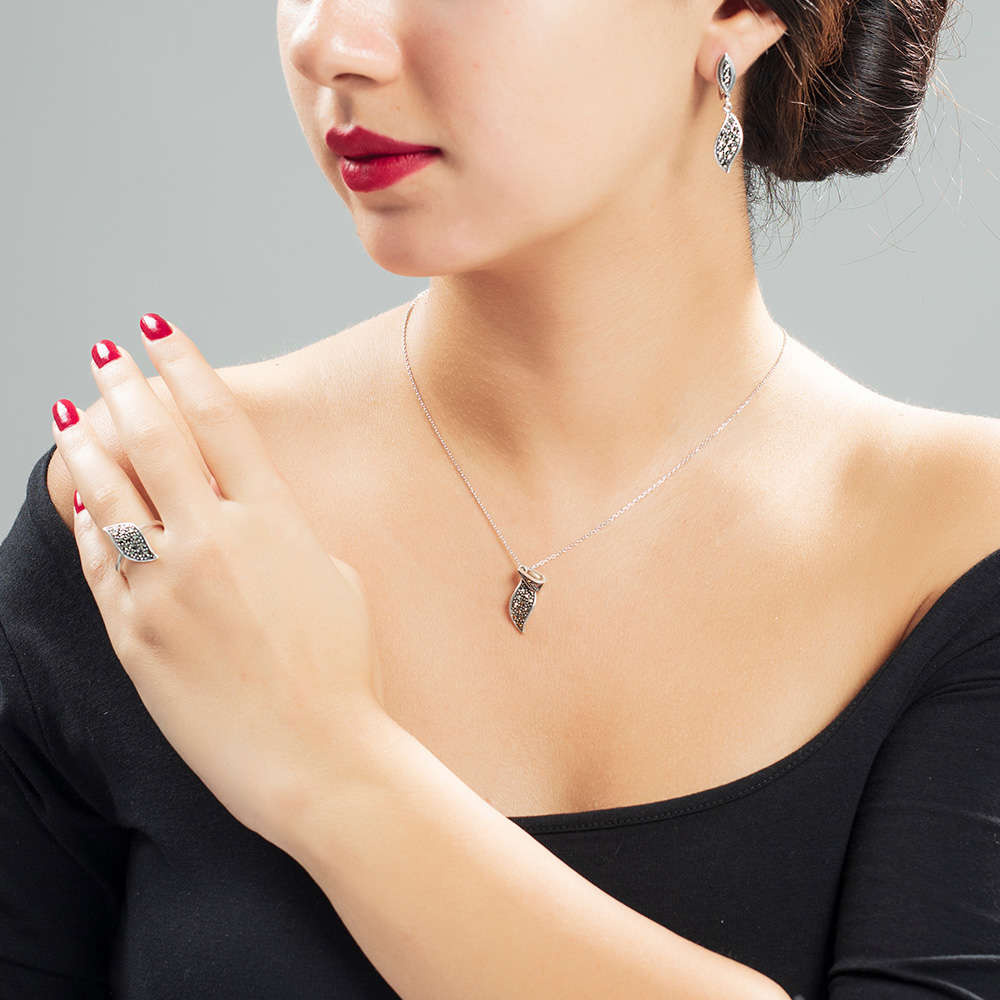 Zirkon Taşlı Yaprak Tasarım 925 Ayar Gümüş 3 lü Takı Seti - 1