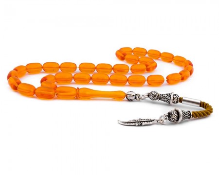 925 Ayar Gümüş Yaprak Püsküllü Bakalit Kehribar Tesbih - Tesbihane