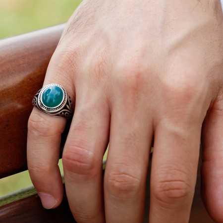 925 Ayar Gümüş Yeşil Akik Taşlı Yüzük (model 3) - Tesbihane