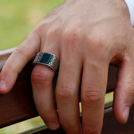 925 Ayar Gümüş Yeşil Akik Taşlı Yüzük (Model-4) - Tesbihane