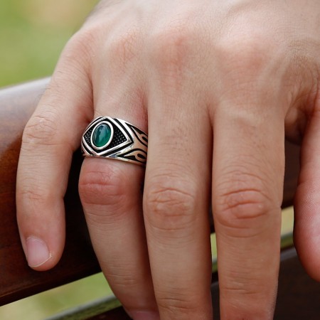 925 Ayar Gümüş Yeşil Akik Taşlı Yüzük (Model-5) - Tesbihane