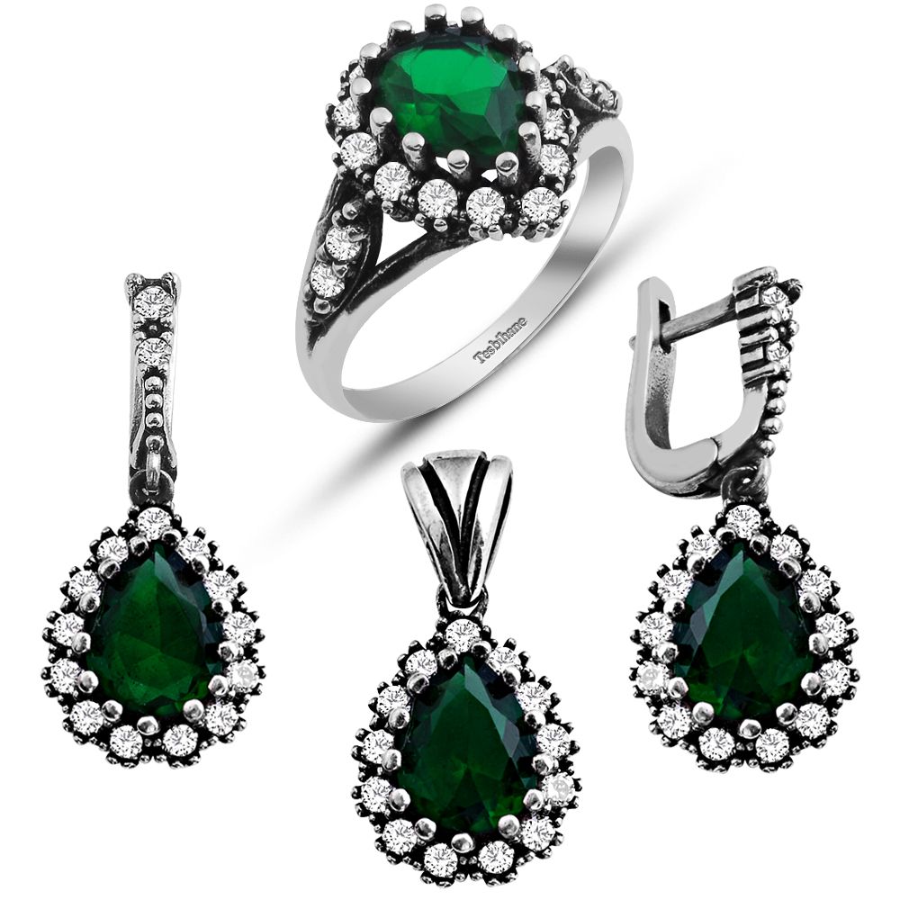 925 Ayar Gümüş Yeşil Beyaz Zirkonlu Set (BSR0028) - 1