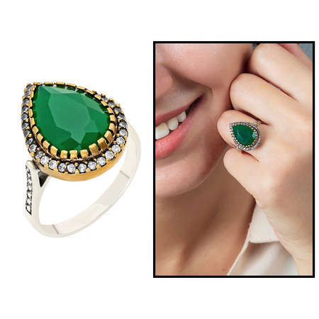 925 Ayar Gümüş Zirkon ve Yeşil Ruby Taşlı Damla Tasarım Otantik Bayan Yüzük - Tesbihane