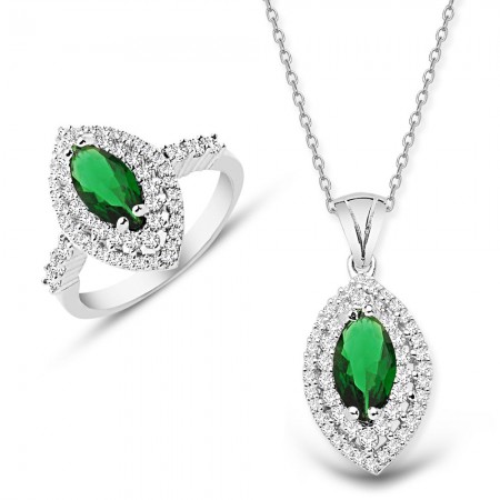 925 Ayar Gümüş Yeşil ve Beyaz Zirkon Taşlı Kolye ve Yüzük Seti - Tesbihane