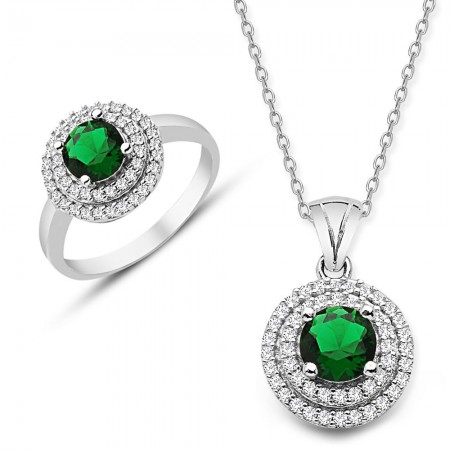 925 Ayar Gümüş Yeşil ve Beyaz Zirkon Taşlı Kolye ve Yüzük Seti - Tesbihane