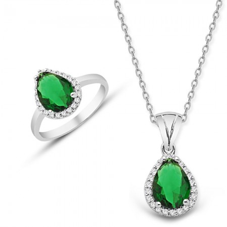925 Ayar Gümüş Yeşil ve Beyaz Zirkon Taşlı Kolye ve Yüzük Seti - Tesbihane