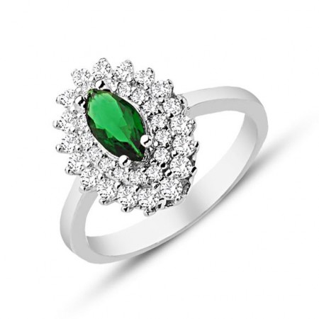 925 Ayar Gümüş Yeşil ve Beyaz Zirkon Taşlı Yüzük - Tesbihane