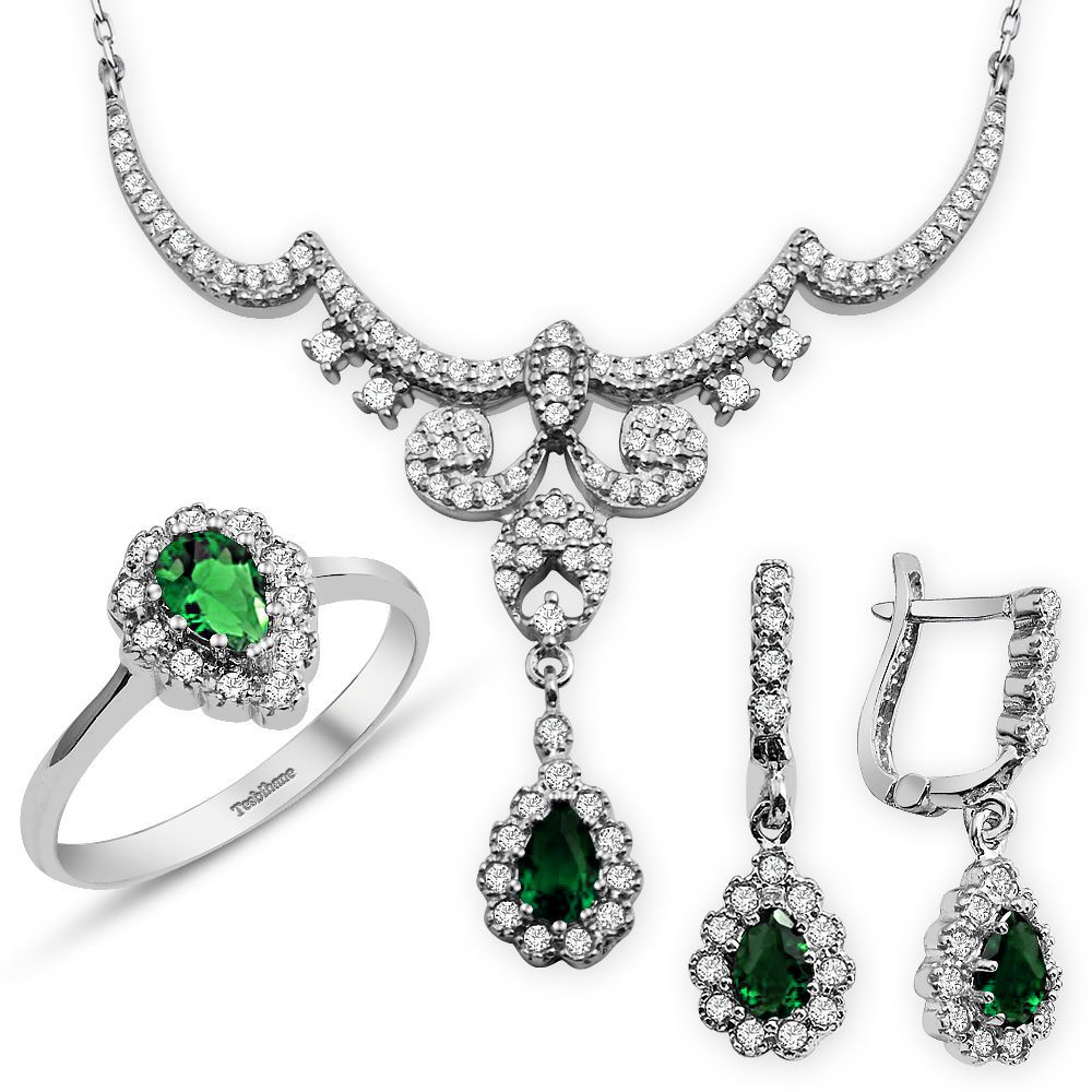 925 Ayar Gümüş Yeşil Zirkon Taşlı Kraliçe Set - 1