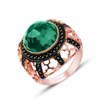 925 Ayar Gümüş Yeşil Zirkon Taşlı Rose Yüzük - Tesbihane