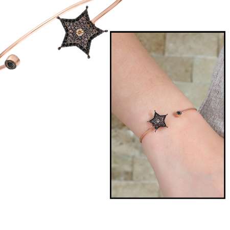 Zirkon Taşlı Yıldız Tasarım Rose Renk 925 Ayar Gümüş Bayan Bileklik - Tesbihane