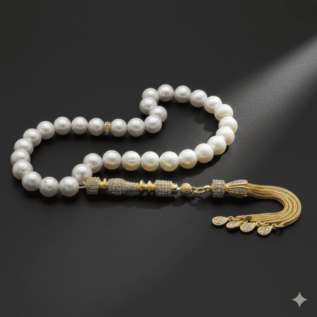 925 Ayar Gümüş Zirkon Taş İmameli Doğal İnci Tesbih - M1 - Tesbihane