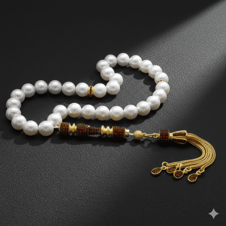 925 Ayar Gümüş Zirkon Taş İmameli Doğal İnci Tesbih - M2 - Tesbihane