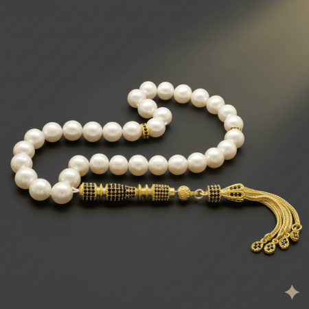 925 Ayar Gümüş Zirkon Taş İmameli Doğal İnci Tesbih - M3 - Tesbihane