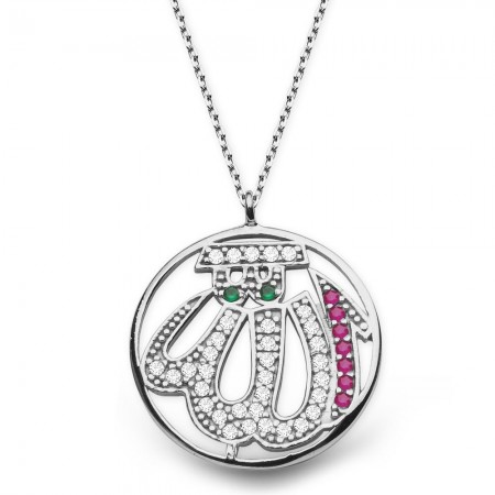 925 Ayar Gümüş Zirkon Taşlı Allah Yazılı Rodyum Kolye - Tesbihane