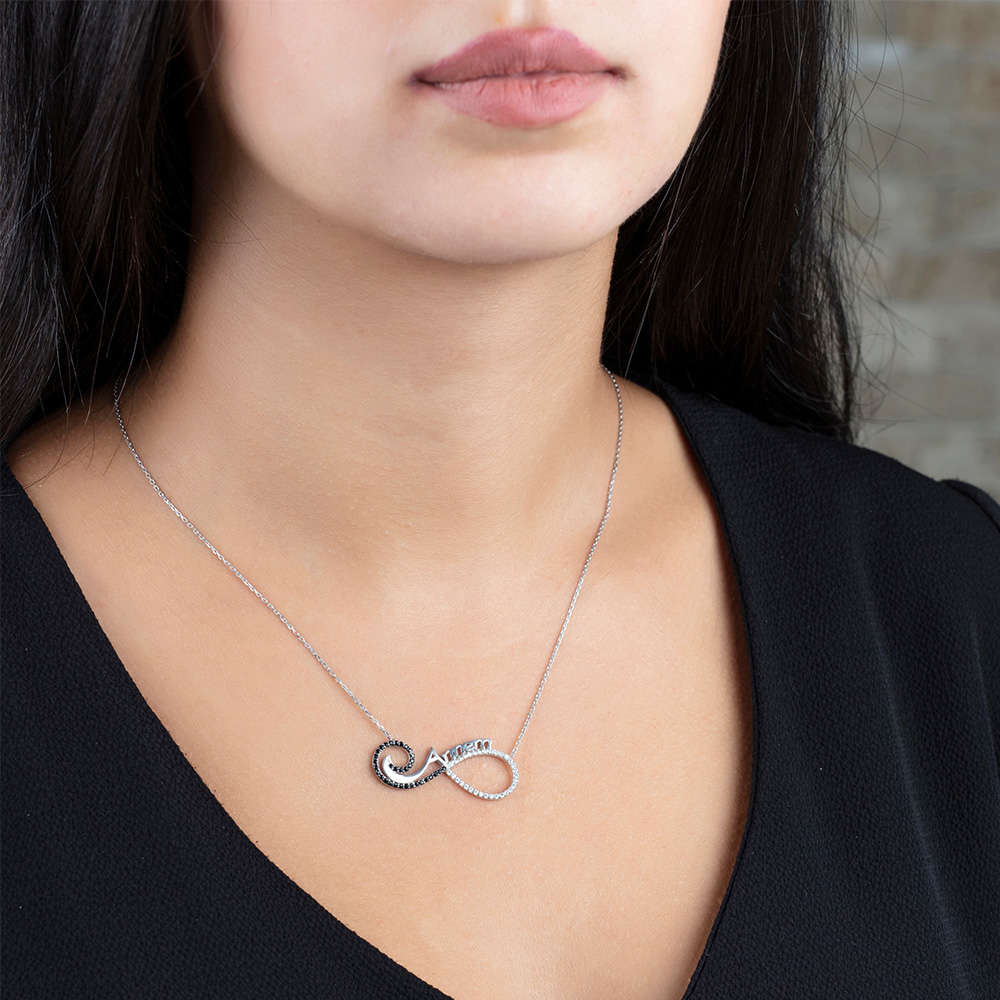 Siyah-Beyaz Zirkon Taşlı Annem Yazılı Sonsuzluk 925 Ayar Gümüş Bayan Kolye - 2