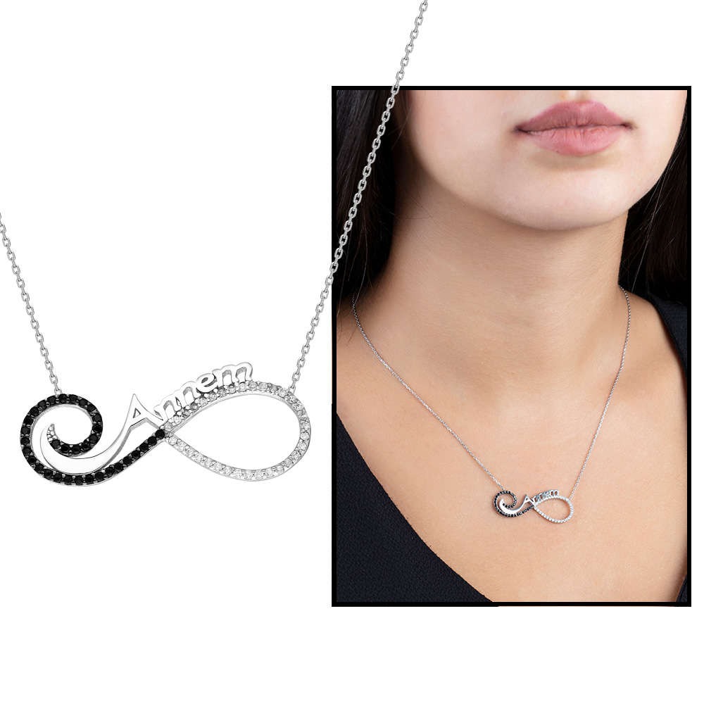 Siyah-Beyaz Zirkon Taşlı Annem Yazılı Sonsuzluk 925 Ayar Gümüş Bayan Kolye - 1