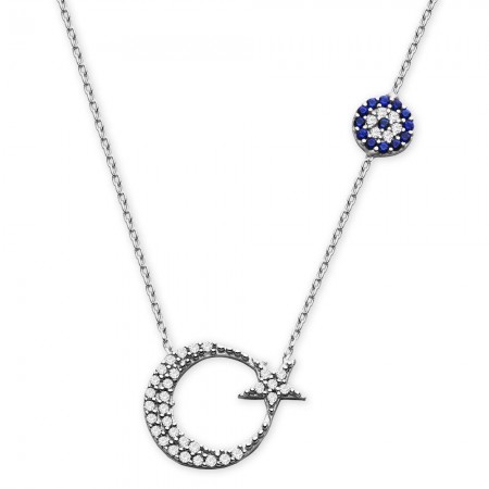 925 Ayar Gümüş Zirkon Taşlı Ay Yıldız Kolye (model-2) - Tesbihane