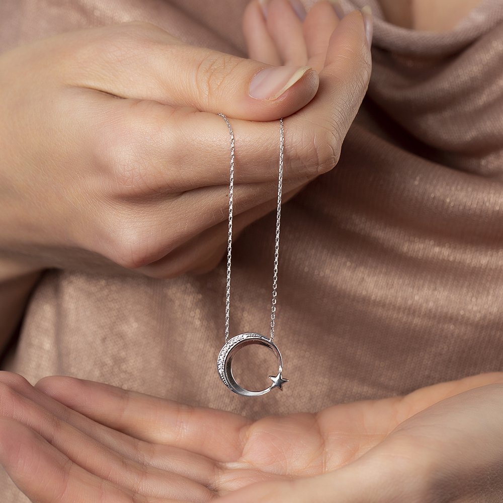 Beyaz Zirkon Taşlı Ayyıldız Tasarım 925 Ayar Gümüş Bayan Kolye - 4