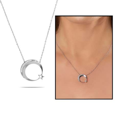 Beyaz Zirkon Taşlı Ayyıldız Tasarım 925 Ayar Gümüş Bayan Kolye - Tesbihane