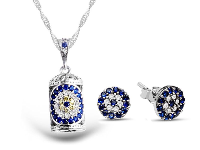 925 Ayar Gümüş Zirkon Taşlı Cevşen Kolye ve Küpe Kombini - 1