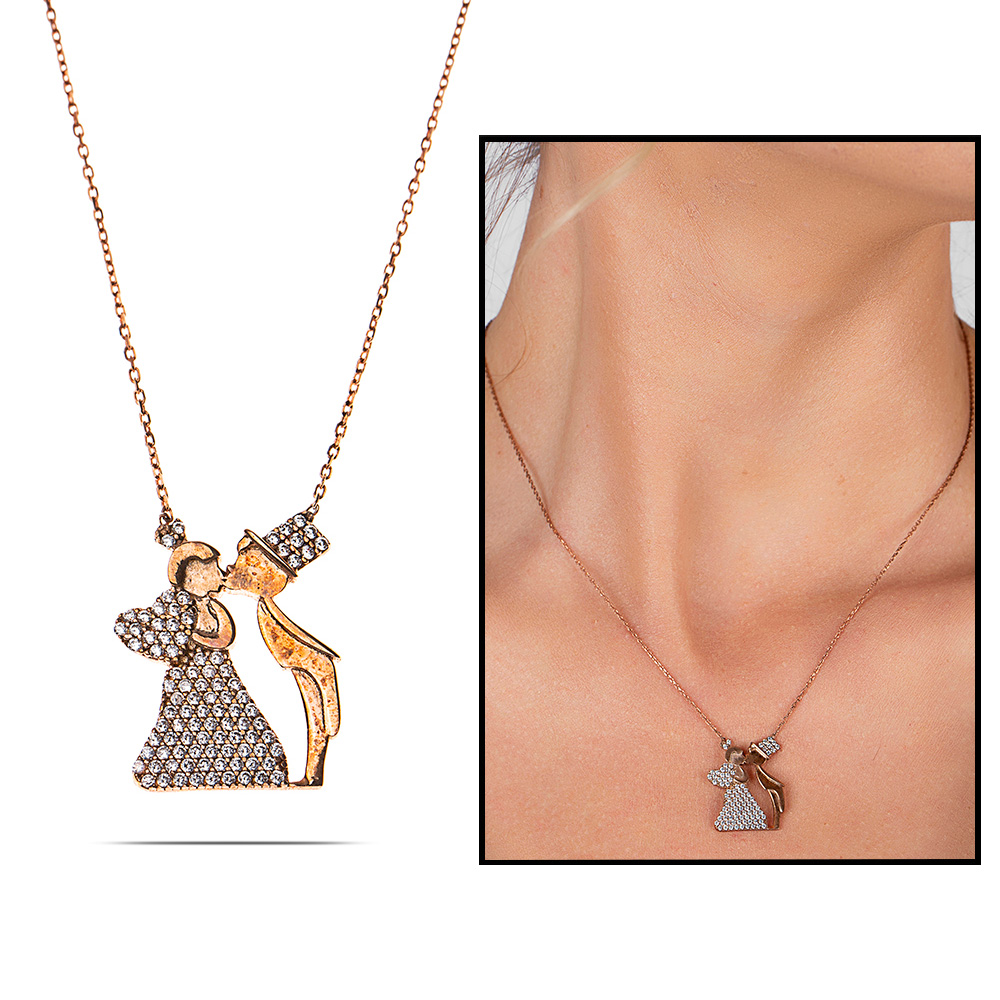 925 Ayar Gümüş Zirkon Taşlı Gelin Damat Kolye - M2 - 1