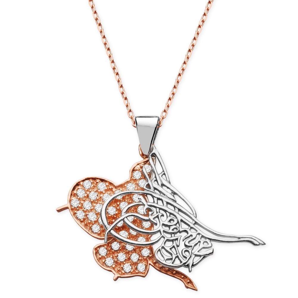 925 Ayar Gümüş Zirkon Taşlı Gölgeli Tuğra Model Kaplama Kolye - 3