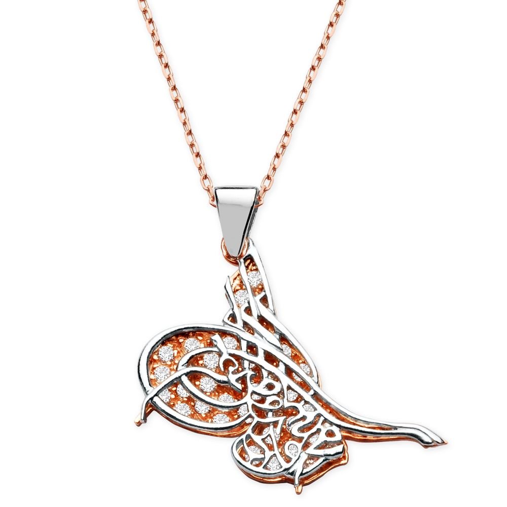 925 Ayar Gümüş Zirkon Taşlı Gölgeli Tuğra Model Kaplama Kolye - 2