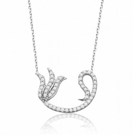 925 Ayar Gümüş Zirkon Taşlı Laleli Vav Kolye - Tesbihane