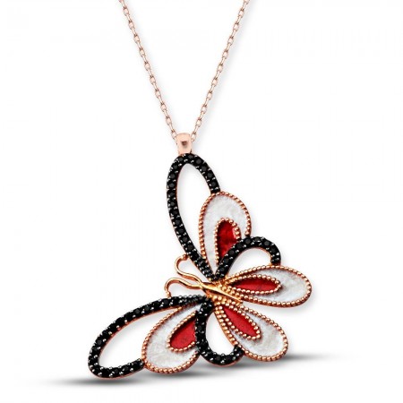 925 Ayar Gümüş Zirkon Taşlı Mineli Kelebek Kolye - Tesbihane