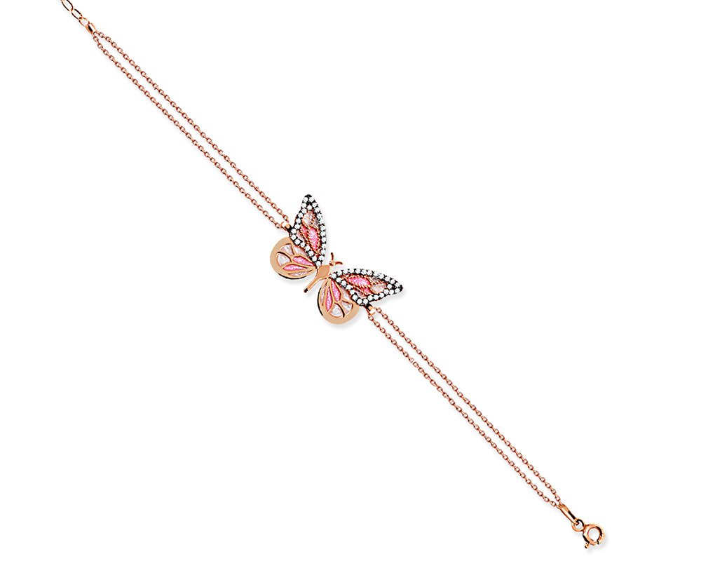 925 Ayar Gümüş Zirkon Taşlı Pembe Kelebek Bileklik (model-2) - 1