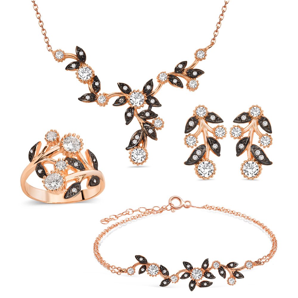 925 Ayar Gümüş Zirkon Taşlı Rose Kaplamalı Çiçek Model Set (Model-2) - 5