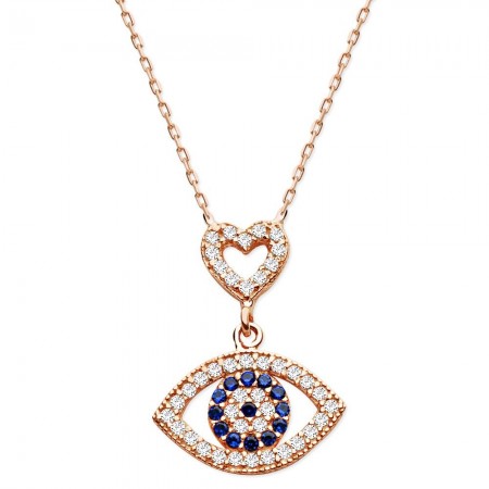 925 Ayar Gümüş Zirkon Taşlı Rozlu Göz Kolye - Tesbihane