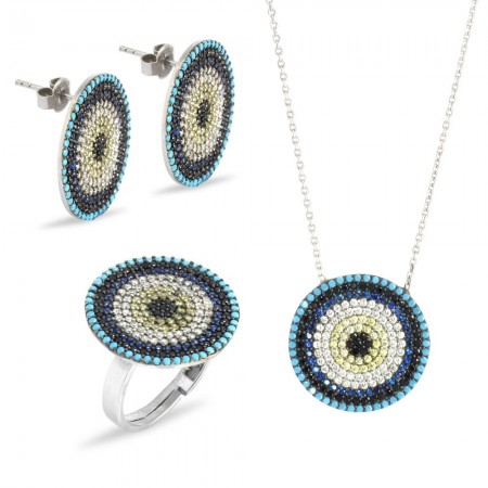 Zirkon Taşlı Göz Tasarım 925 Ayar Gümüş 3'lü Takı Seti - Tesbihane