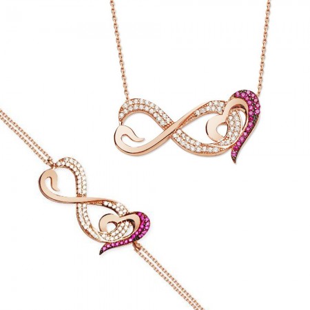 925 Ayar Gümüş Zirkon Taşlı Sonsuz Kalp Bileklik ve Kolye Kombini - Tesbihane