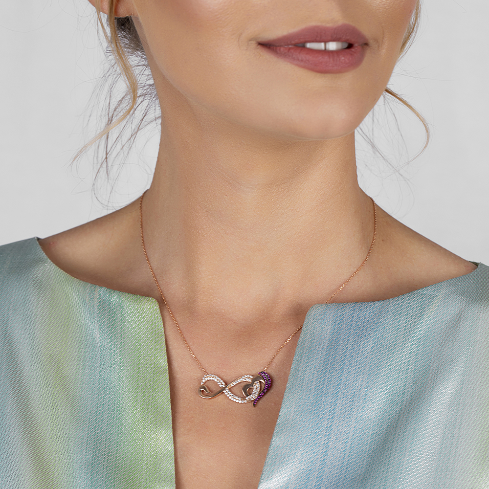 Pembe-Beyaz Zirkon Taşlı Sonsuz Kalp Tasarım 925 Ayar Gümüş Bayan Kolye - 3