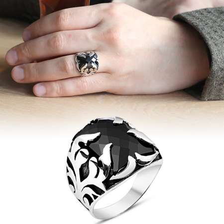 Siyah Zirkon Taşlı 925 Ayar Gümüş Şövalye Erkek Yüzük - Tesbihane