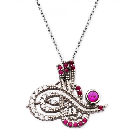 925 Ayar Gümüş Zirkon Taşlı Tuğra Model Kolye - Tesbihane