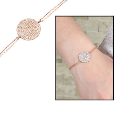 Zirkon Taşlı Yassı Yuvarlak Tasarım 925 Ayar Gümüş Bayan Bileklik - Tesbihane