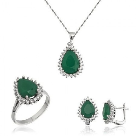 925 AYAR GÜMÜŞ ZİRKON TAŞLI YEŞİL TAŞLI SET - Tesbihane