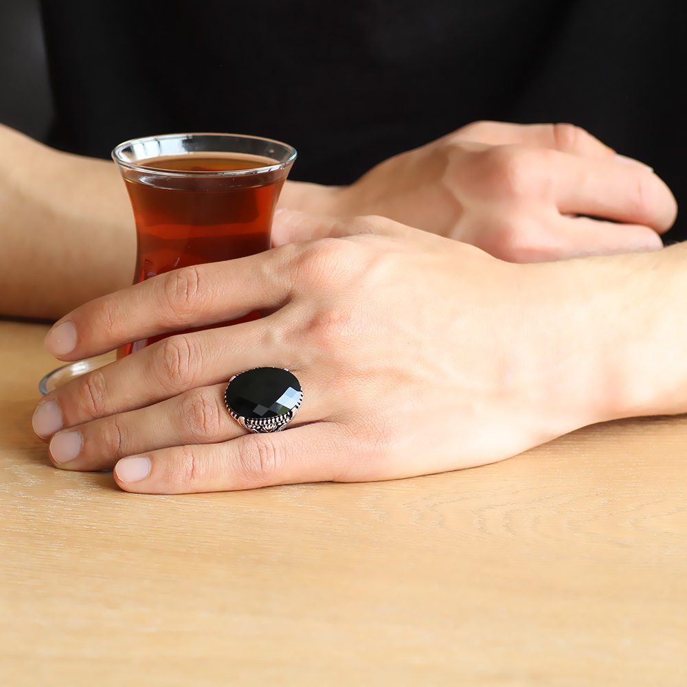 Tırnak İşlemeli Siyah Zirkon Taşlı 925 Ayar Gümüş Erkek Yüzük - 2