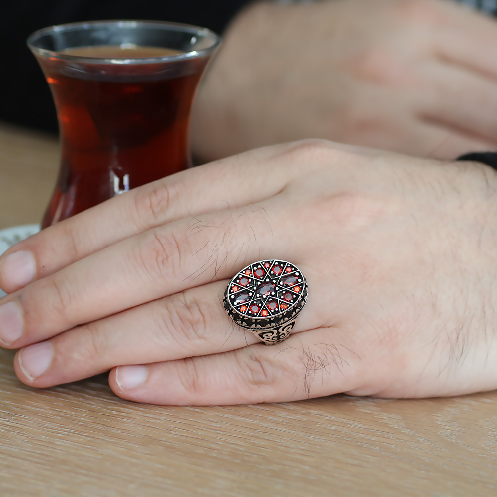 Yıldız Tasarım Kırmızı Zirkon Taşlı 925 Ayar Gümüş Erkek Yüzük - 2