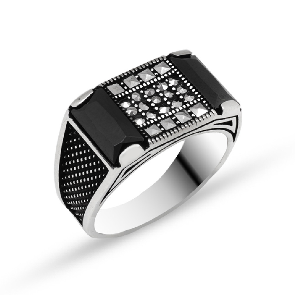 Nokta İşlemeli Siyah Zirkon Taşlı 925 Ayar Gümüş Erkek Yüzük - 3