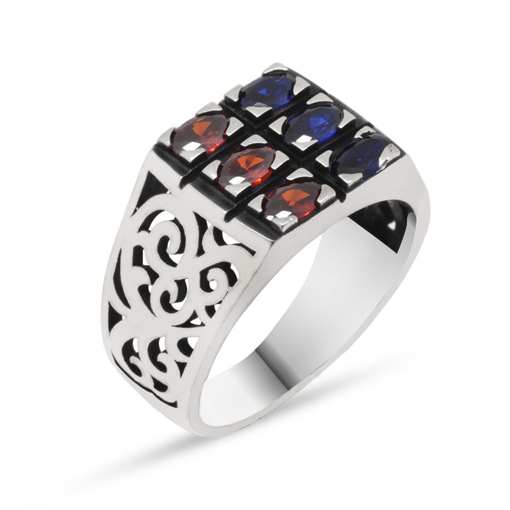 Mavi Kırmızı Zirkon Taşlı 925 Ayar Gümüş Erkek Yüzük - 2