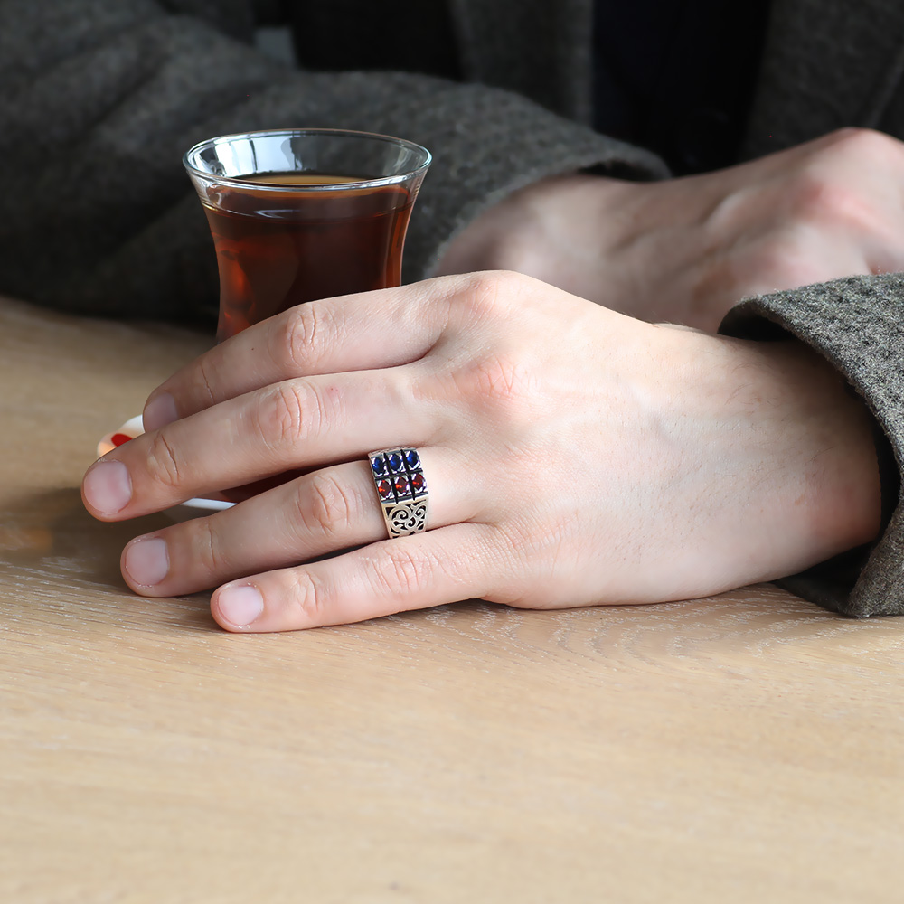 Mavi Kırmızı Zirkon Taşlı 925 Ayar Gümüş Erkek Yüzük - 3