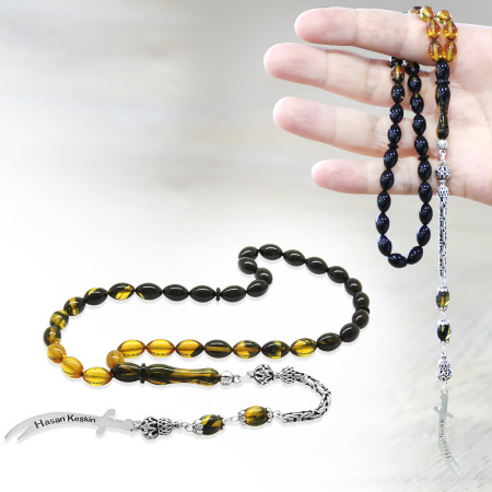 925 Ayar Gümüş Zülfikar Püskül İsme Özel Yazılı Süzme Sarı Siyah Ateş Kehribar Tesbih - Tesbihane